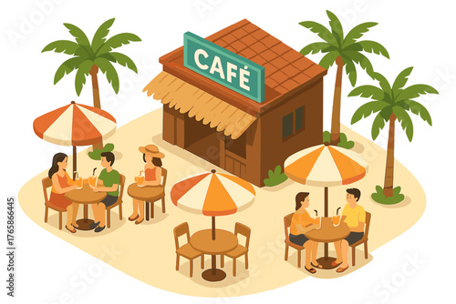 Outdoor beach café with couples relaxing under umbrellas