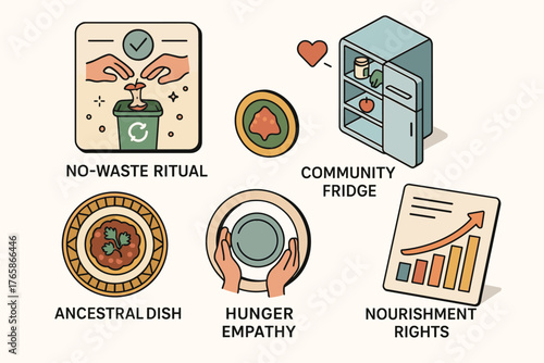 Sustainable food practices and community initiatives illustrated with icons