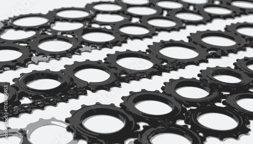 A grayscale, graphic illustration of multiple gear-like components, arranged diagonally. The design shows a repetitive pattern