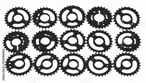 A pattern of fifteen black gear-like shapes, each with a central hole and a toothed outer edge