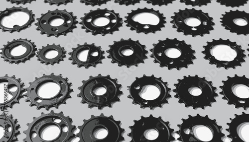 A grayscale photograph of several cogwheels arranged in rows on a gray background