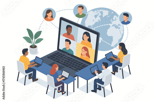 Diverse team engaged in global online meeting with virtual conference technology