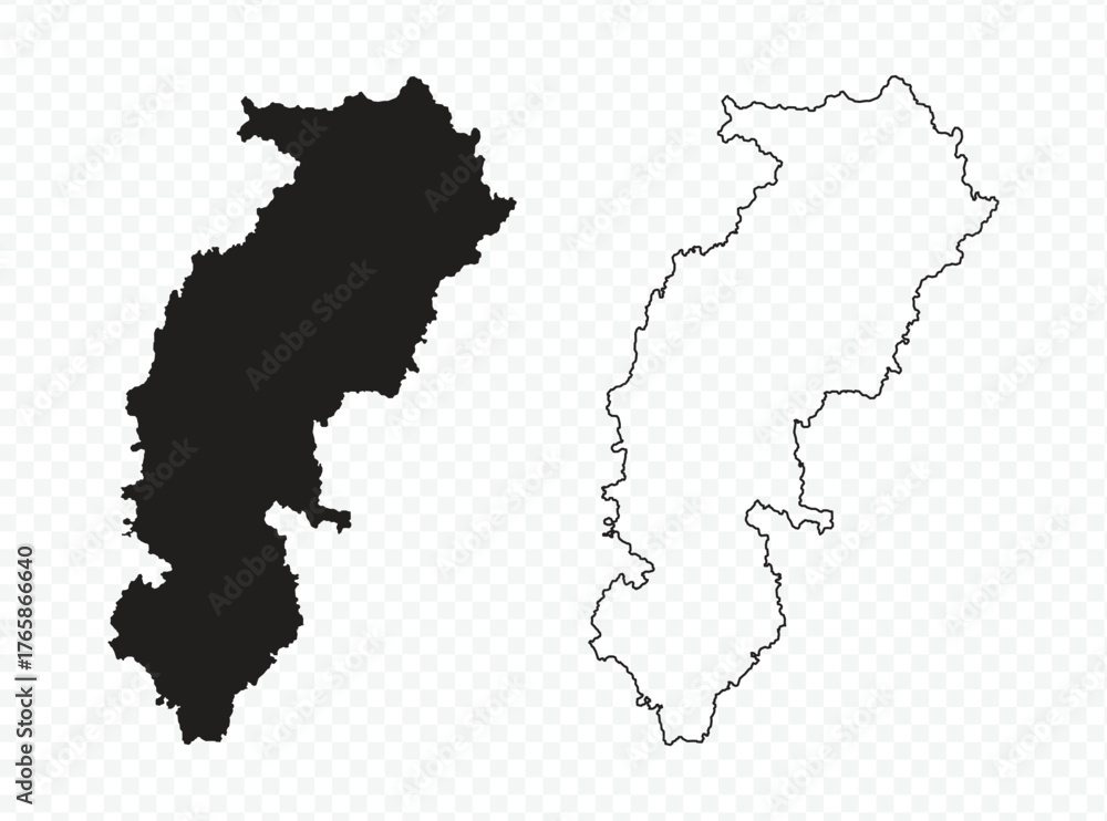 Fototapeta premium Chhattisgarh state map silhouette and outline vector illustration on transparent background