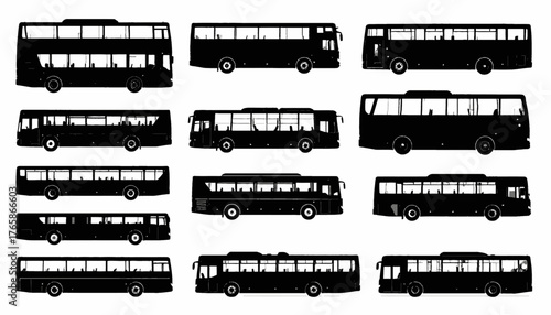 Silhouetted views of diverse public transit vehicles on white background