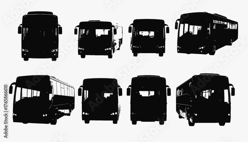Eight various coach bus silhouettes in black against a stark white background, showing different angles