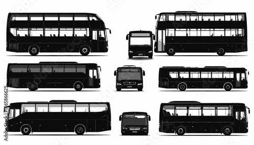 Black bus illustrations in various perspectives, including double-decker, coach, and different frontal views