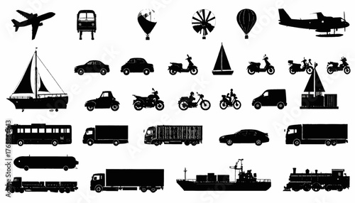 Black silhouettes of various vehicles, including planes, cars, motorcycles, ships, and trains, are arranged on white