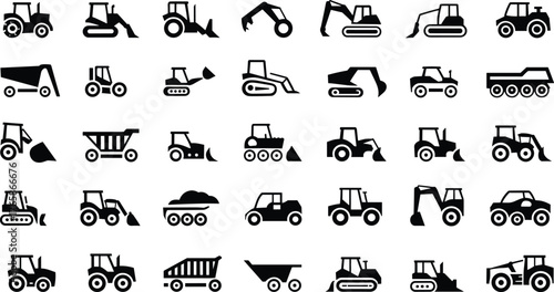 Black outline icons of construction vehicles, tractors, excavators, bulldozers, dump trucks, heavy machinery equipment for industrial, engineering, and building design projects