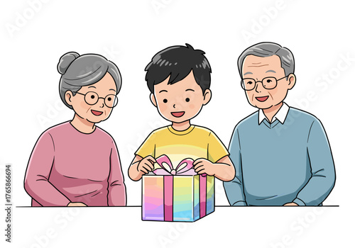 Boy unwrapping gift with grandparents smiling together at home  
