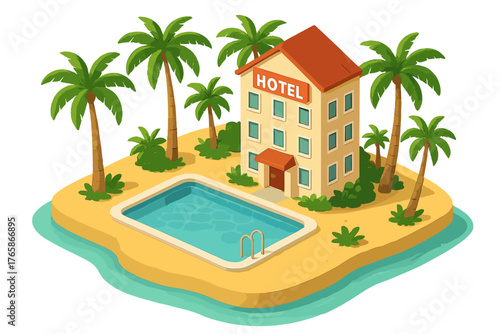 Tropical island hotel with swimming pool surrounded by palm trees and ocean