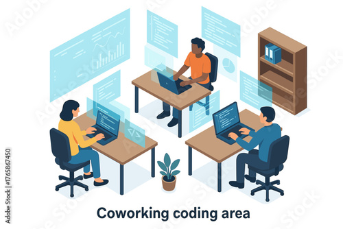 Diverse team coding in modern coworking space with advanced technology