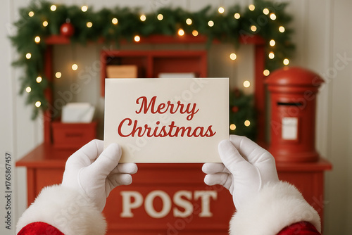 Wallpaper Mural Santa's hands holding merry christmas card at festive decorated post office. concept of holiday greetings, christmas card delivery, seasonal celebration Torontodigital.ca