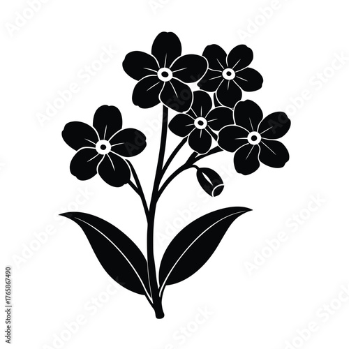Black and white illustration of a bunch of forget me not flowers with leaves
