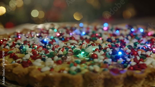 A Close Up View of a Colorful Sugar-Covered Pastry Ring Adorned with Multicolored Sprinkles Under Warm Holiday Lights