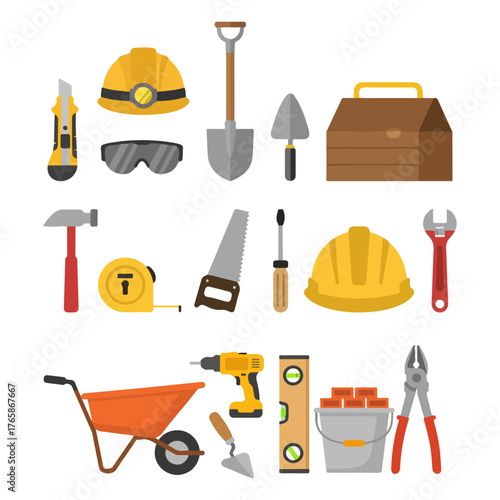 Construction and DIY tools : hard hat, safety glasses, shovel, trowel, toolbox, hammer, tape measure, saw, screwdriver, wrench, wheelbarrow, drill, level, bricks, and pliers.
