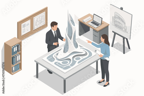 Architectural planning: young caucasian male and female discuss futuristic building model