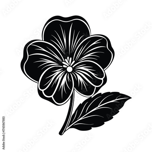 Black and white linocut illustration of a single pansy flower with a leaf