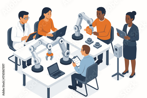 Diverse team collaborating in robotics lab with industrial robots and technology