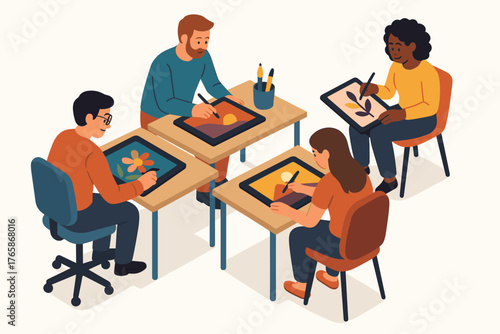 Diverse group of adults collaborating on digital art projects using tablets