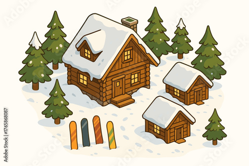 Cozy snowy log cabin village with pine trees and snowboards
