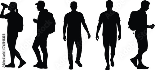 Silhouette people walking with backpacks, casual traveler poses, hiking journey, student lifestyle, outdoor adventure, standing figures, drinking water, mobile phone, urban commuters,