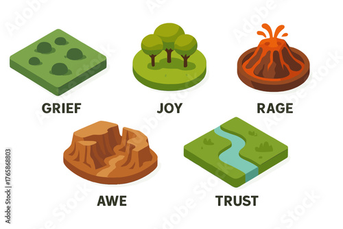 Five emotional landscapes: grief, joy, rage, awe, trust illustrated in nature forms