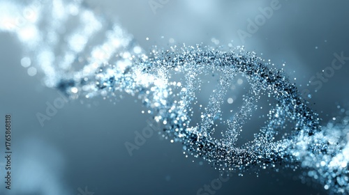 An artistic DNA double helix built from small glowing pixel fragments, like tiny squares of digital light. The pixels float in the air and converge into the DNA structure
