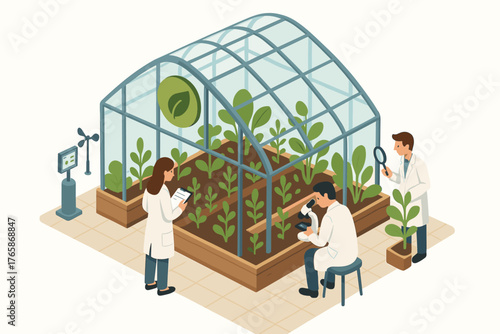 Scientists in greenhouse researching plants and data with modern equipment