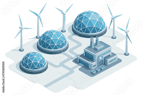 Futuristic renewable energy plant with geodesic domes and wind turbines