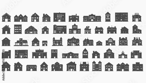 Collection of gray house and building silhouettes on a white background, including churches and houses