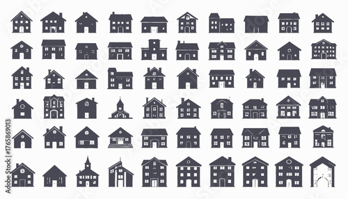 A collection of various house illustrations in a monochrome style, arranged in a grid pattern