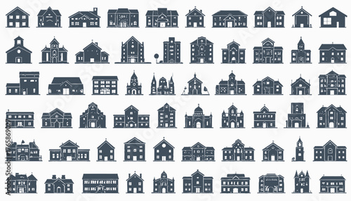A collection of fifty-six different illustrations of architecture, buildings, churches, and houses