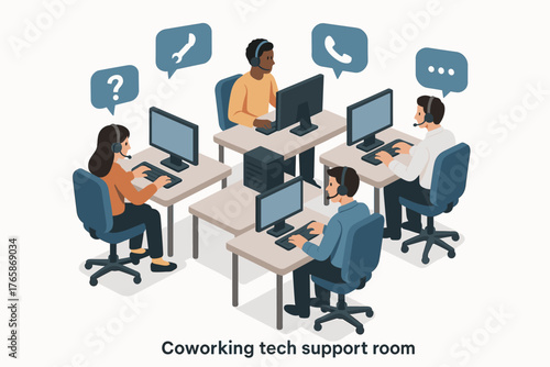 Diverse team in tech support room assisting customers