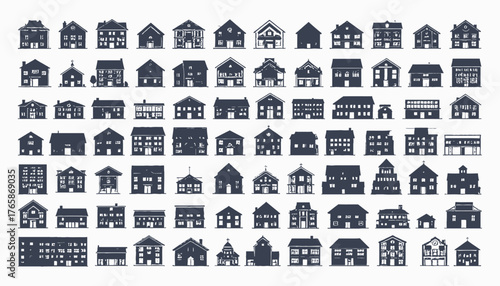 A collection of various stylized building silhouettes, including houses, churches, and other structures