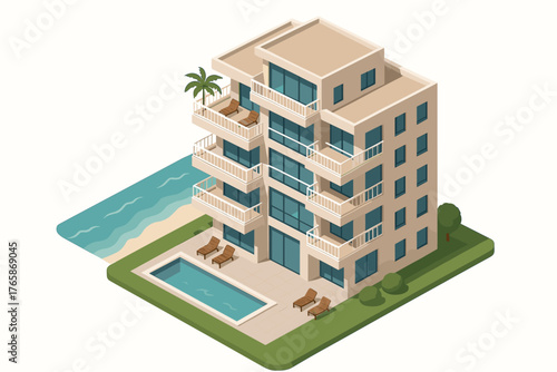 Modern beachside apartment building with pool and balconies