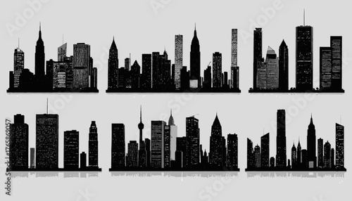 A stylized black and gray depiction of various city skylines, showcasing silhouettes