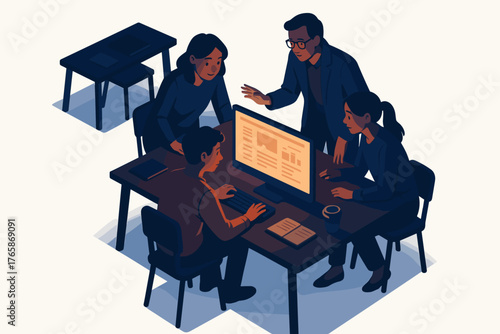 Diverse team collaboration: asian and caucasian adults working on computer project