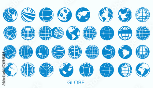Collection of stylized blue globes on a white background, representing Earth's various aspects