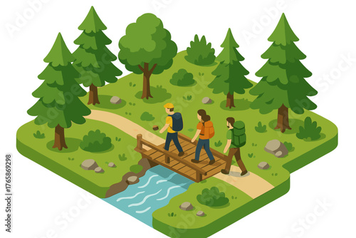 Group of diverse hikers walking on forest trail with trees and bridge