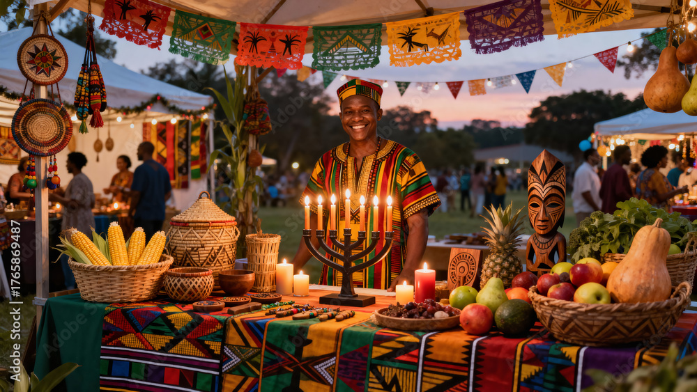 Fototapeta premium Person in traditional attire standing by Kwanzaa celebration table 