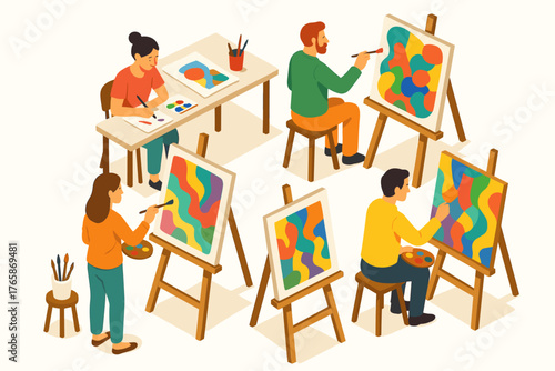 Diverse art class: caucasian artists engaging in vibrant painting session