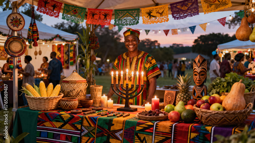 Person in traditional attire standing by Kwanzaa celebration table  