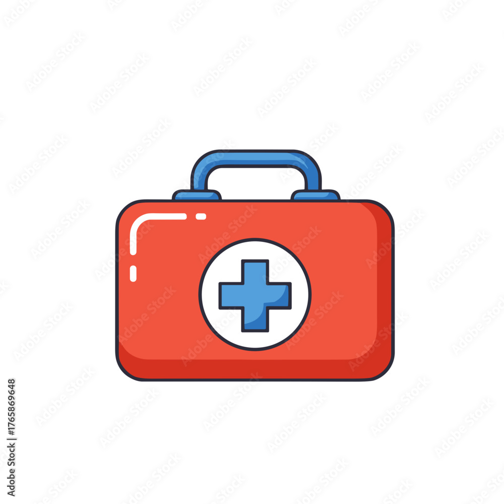 Fototapeta premium Red first aid kit with blue handle and medical cross symbol