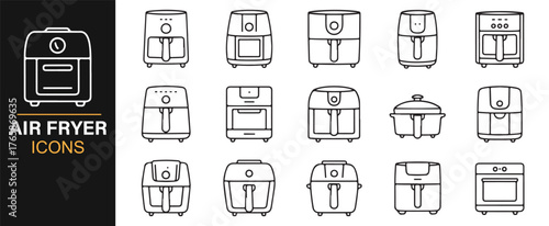 Linear home appliance icons featuring digital fryer and cooking devices.
