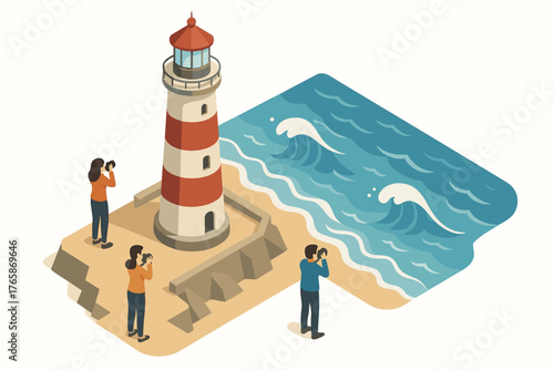 Asian adults taking photos at lighthouse by ocean waves