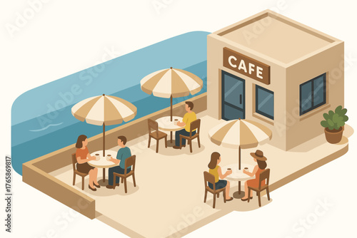 Isometric outdoor cafe setting with people by the water