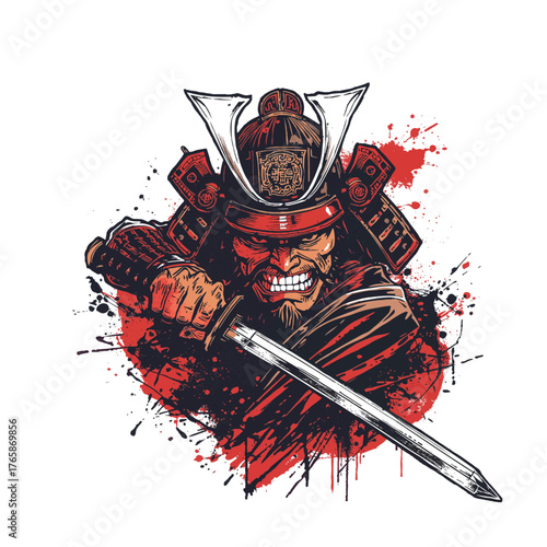 AI generated detailed ink illustration of a fierce samurai warrior with sword and helmet for print