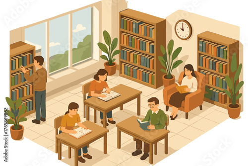 Cozy library scene with asian adults reading and relaxing
