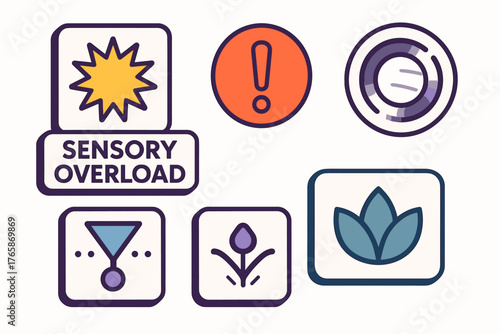 Sensory overload icons: warning, focus, balance, calm, alert, harmony