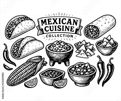 A collection of hand-drawn Mexican cuisine illustrations, including tacos, burritos, salsa, and nachos in a vintage sketch style.